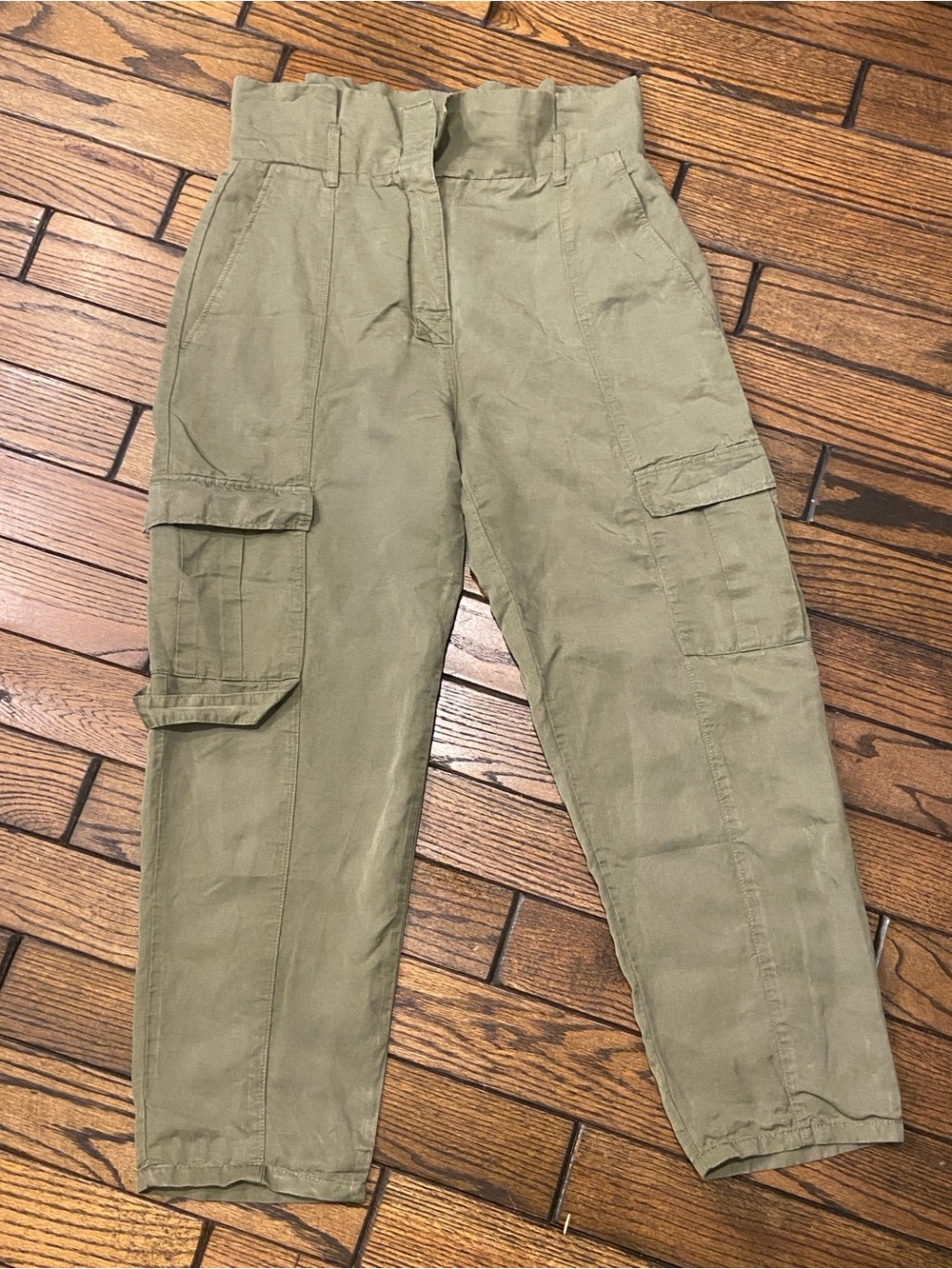 Zara Olive Green High-Waist Paperbag Cargo Pants